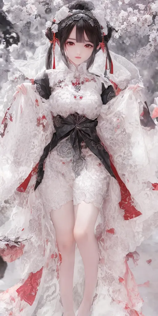 The image is of a young woman standing in a snowy forest. She is wearing a white and red dress with a black obi. Her hair is black and long, and she is wearing a red and white hairpiece. She is also wearing white stockings and red shoes. The woman is surrounded by snow-covered trees and flowers.