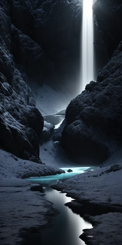 这幅图像是一个阴暗而神秘的风景。一条狭窄的峡谷由两座高耸的岩石峭壁形成。峭壁覆盖着白雪。在峡谷的尽头,有一处瀑布。水流呈明亮的蓝色,从很高的地方坠落下来。瀑布产生的水雾充满了整个峡谷。图像中唯一的光源来自于瀑布。这营造出一个戏剧性和神秘的场景。