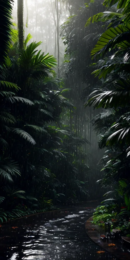 这张图像是一个高而窄的垂直矩形。它是一张热带雨林的照片。雨林非常茂密和绿色。树木很高,叶子大而茂盛。地面被植被覆盖。有一条河流穿过雨林的中间。河流宽阔而缓慢流动。水清澈而绿色。背景中有一个小瀑布。瀑布被树木遮挡。雨林非常安静祥和。唯一的声音是河流流动的声音。