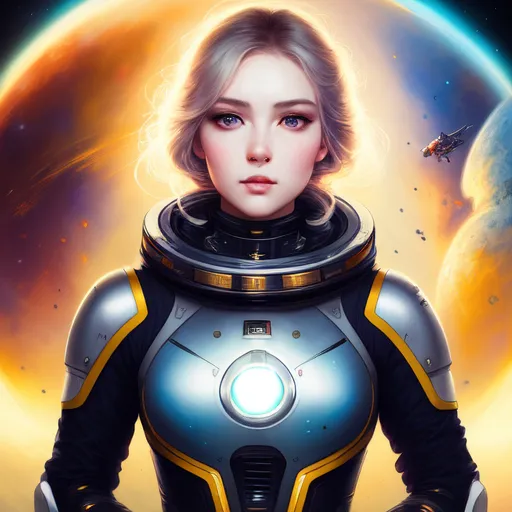 This is an image of a young girl in a spacesuit with a planet-like object in the background. The girl has short blonde hair and blue eyes. She is wearing a light-colored spacesuit with a clear bubble helmet. The spacesuit has a pattern of light blue and dark blue lines. The girl is standing with her arms crossed in front of her chest. She has a serious expression on her face.