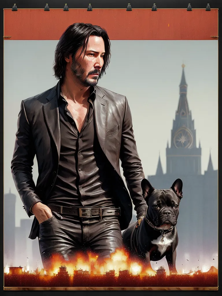 This is an image of Keanu Reeves with a dog. He is wearing a black leather suit and a black shirt. He has a beard and his hair is long and black. He is standing in front of a building that is on fire. There is a large clock tower on the building.