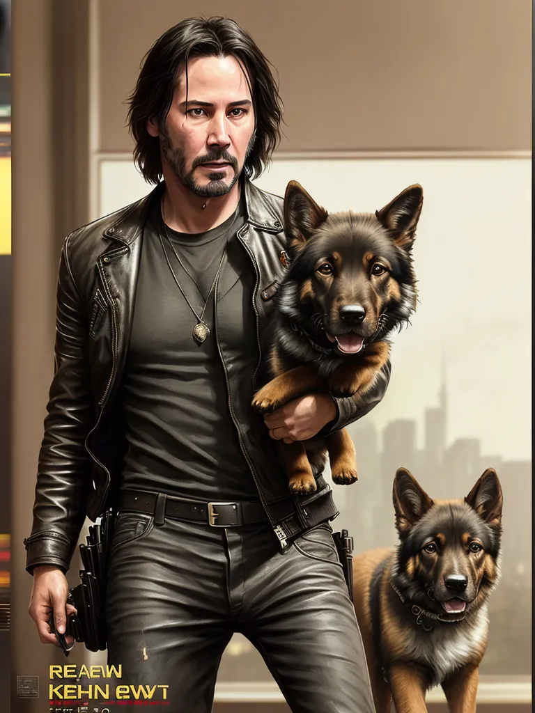 This is an image of Keanu Reeves with two German Shepherd dogs. He is wearing a black leather jacket and black pants. The dogs are both wearing collars. The one on the left has a black collar and the one on the right has a brown collar. The background is blurred.