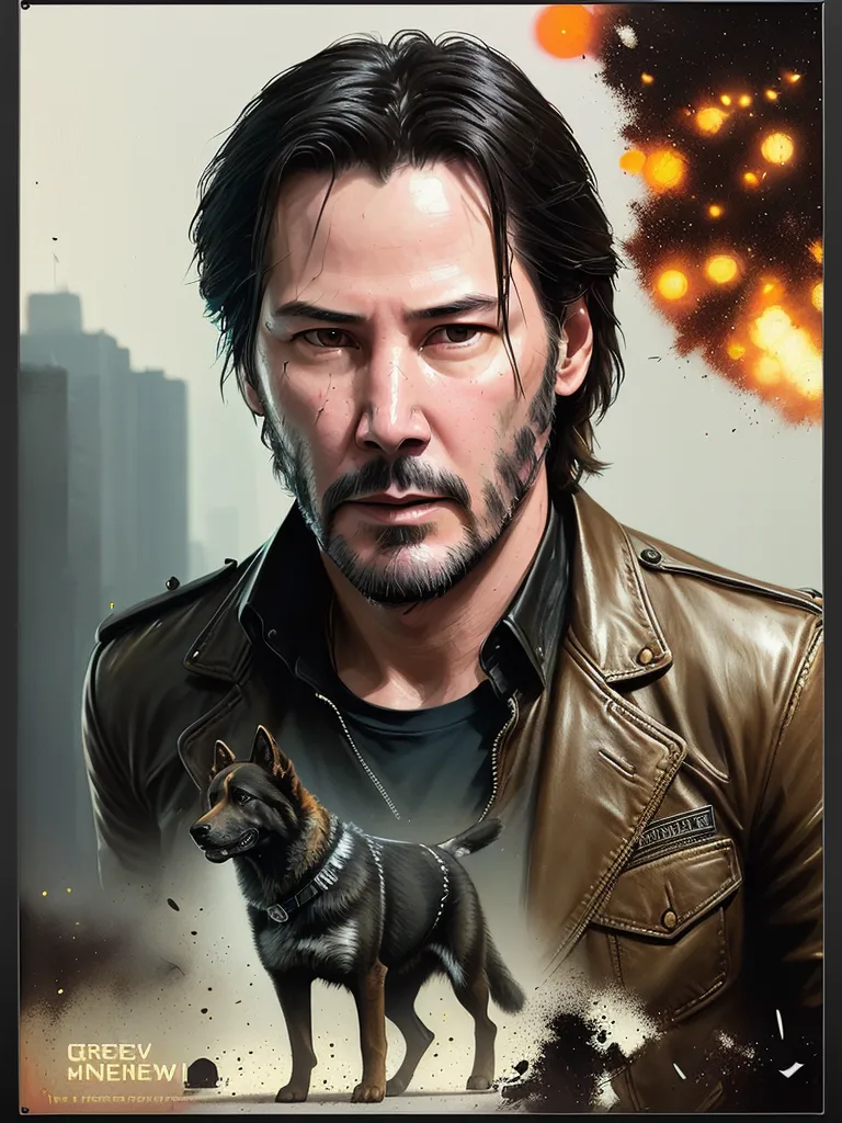 This is an image of Keanu Reeves. He is standing in front of a burning city. He has a dog with him. He is wearing a brown leather jacket and a black shirt. He has a beard and his hair is long and dark. He is looking at the camera with a serious expression on his face.