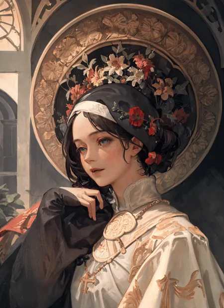 The image is a painting of a young woman with long brown hair and blue eyes. She is wearing a white dress with a black cape. The woman is standing in front of a window, and there is a halo of flowers around her head. The painting is done in a realistic style, and the artist has paid close attention to detail. The woman's expression is serene, and she seems to be lost in thought. The painting is a beautiful and moving depiction of a young woman, and it is clear that the artist has great skill.