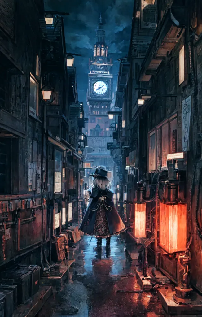 The image is a dark and narrow alleyway in a steampunk city. The alleyway is lit by a few lanterns and the light from the windows of the buildings. The buildings are tall and have a lot of pipes and other steampunk details. The street is wet from the rain. There is a clock tower in the distance. A girl is walking down the alleyway. She is wearing a long black coat and a hat. She has a lantern in her hand.