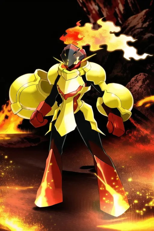 The image shows a robotic, humanoid creature. It has yellow and red armor, with a red flame-like plume coming out of the top of its head. It has two large yellow fists, and its legs are red and yellow. It is standing on a rocky surface, with a volcano in the background. The creature is likely a Pokémon, and it appears to be made of fire and rock