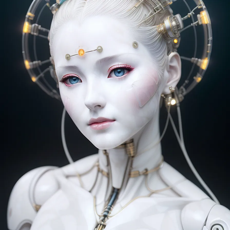 The image is a portrait of a female robot with white skin and blue eyes. She is wearing a white dress with a high collar. Her hair is white and pulled back into a bun. She has a metallic halo around her head and various wires and tubes attached to her neck and chest. The background is black.