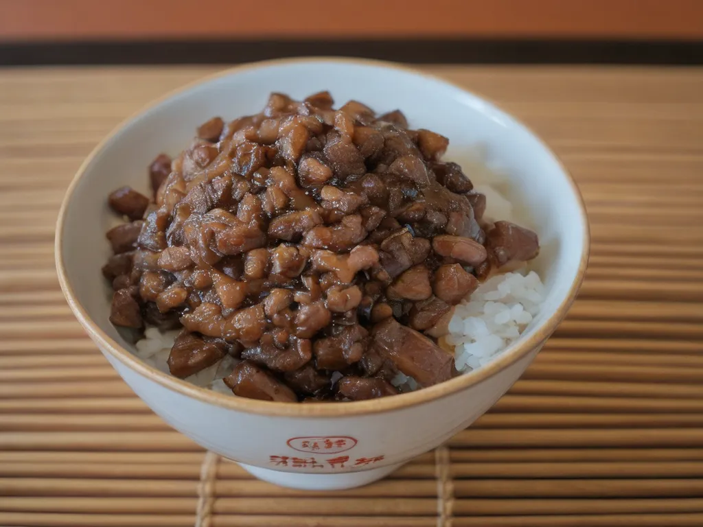 This image shows a bowl of braised pork rice (lu rou fan), a popular Taiwanese dish consisting of braised pork over rice. The pork is typically simmered in a soy sauce and rice wine mixture, along with spices and herbs, until it becomes tender and flavorful. The dish is often served with a side of pickled vegetables and a bowl of