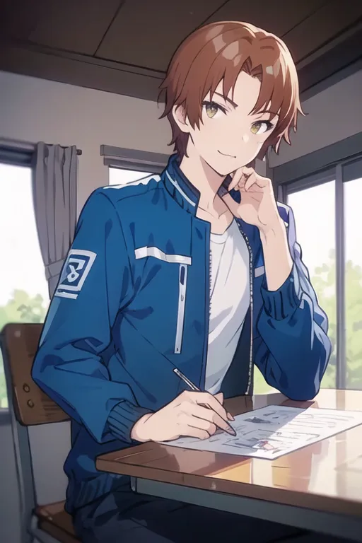 This is an image of a young male student sitting at a desk in a classroom. He has brown hair and yellow eyes, and he is wearing a blue gakuran jacket. He is holding a pen and appears to be working on a test or assignment. The background of the image is a blur of light coming in from the windows, and there are papers scattered on the floor.