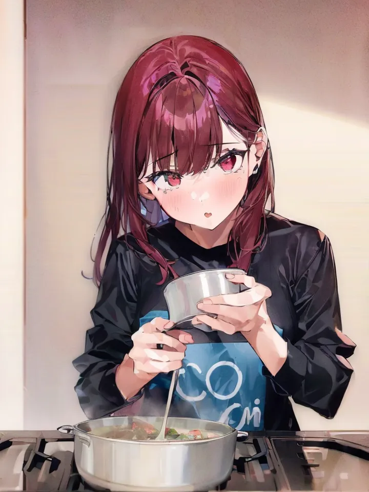 The image shows a girl with long red hair and red eyes. She is wearing a black shirt and a white apron. She is cooking something in a pot on the stove. She is holding a ladle and stirring the food. She has a serious expression on her face.