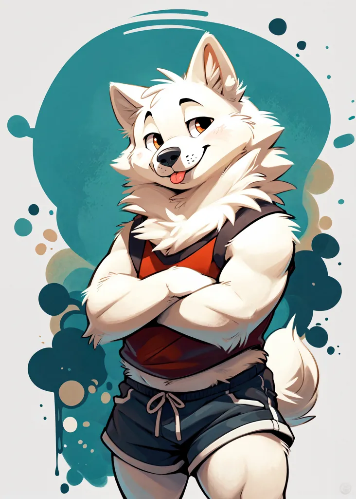 The image is of a muscular white wolf furry with crossed arms. He has light grey and orange markings on his face and paws, and his eyes are a bright orange. He is wearing a red tank top and blue gym shorts. The background is a blue circle with white and grey splotches.