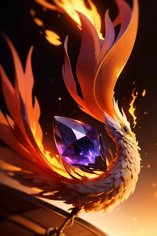 A phoenix with fiery orange and yellow feathers is perched on a branch. It has a purple jewel in its beak. The background is dark with flames.