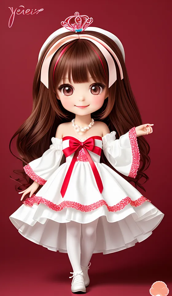 The image shows a cute anime girl with long brown hair and brown eyes. She is wearing a white and red dress with a big red bow on the chest. She is also wearing a pearl necklace and a pearl and ribbon headband. She is standing on a red background and has a small, shy smile on her face.