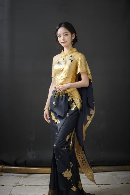 The image shows a young woman wearing a traditional Thai dress. The dress is black and gold, with a gold bodice and a black skirt. The bodice is decorated with intricate gold embroidery, and the skirt is wrapped around the woman's waist and hips. The woman is also wearing a traditional Thai headdress and jewelry. She is standing in front of a plain black background, and she is looking at the camera with a smile on her face.