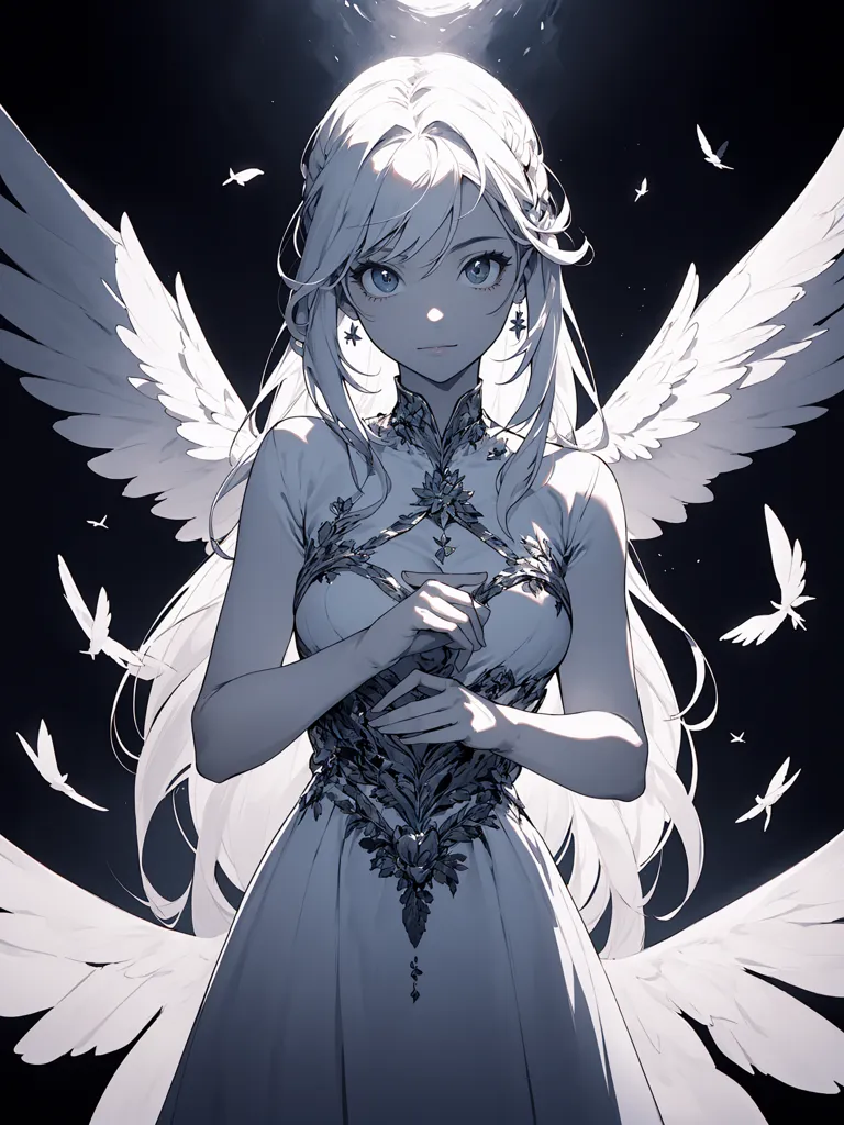 The image is of a beautiful anime girl with long white hair and blue eyes. She is wearing a white dress with a silver bodice. The dress has a sweetheart neckline and off-the-shoulder sleeves. The skirt is full and flows to the ground. The girl is standing in front of a dark background with a bright light shining down on her. She has her hands clasped in front of her and is looking at the viewer with a serene smile.