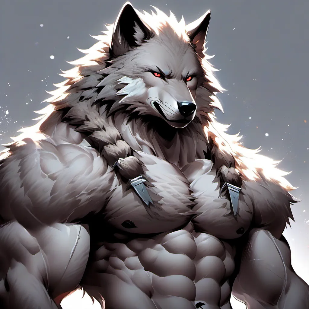 The image is of a muscular white wolf with red eyes and long, flowing hair. It is standing on its hind legs and has its arms crossed over its chest. The background is a light grey.