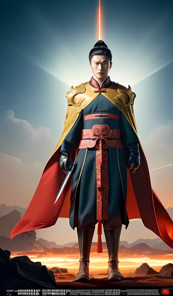 This is a picture of a man standing with a sword in front of a mountainous landscape. He is wearing a blue robe with gold trim and a red cape. He has a sword in his right hand. The background is a mountain range with a bright light in the center.