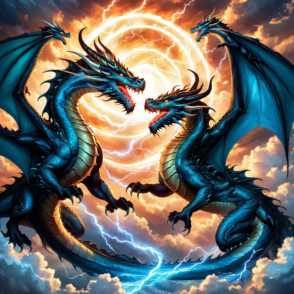 The image shows a battle between two blue dragons in the sky. The dragons are breathing fire at each other, and there is a large amount of lightning in the background. The dragons are both very large, and they are both flying. The image is very detailed, and you can see the scales on the dragons' bodies and the fur on their wings. The background is also very detailed, and you can see the clouds and the lightning bolts.