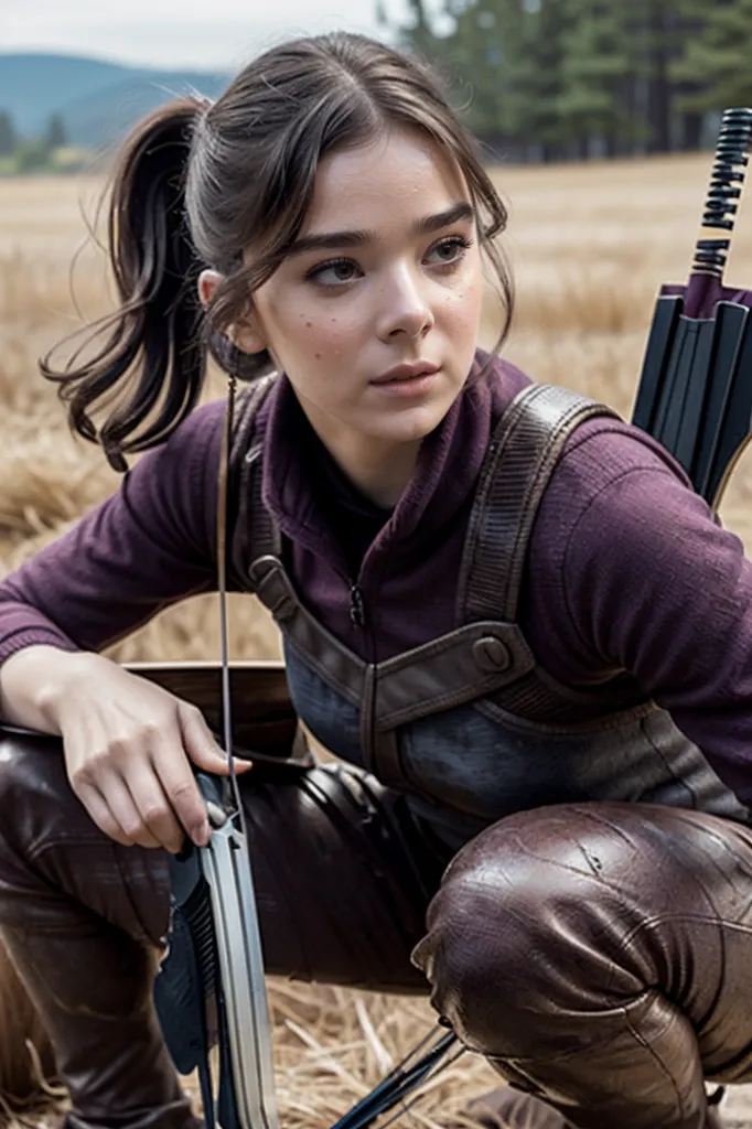 The image shows a young woman dressed in a purple long-sleeved shirt and brown leather vest. She has a quiver of arrows slung over her shoulder and is holding a bow and arrow. She is crouched down in a field, looking to the right of the frame. She has a determined expression on her face.