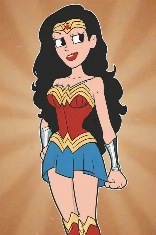 This is an image of the superhero Wonder Woman. She is drawn in a cartoon style. She is wearing her classic outfit, which consists of a red strapless top with a gold eagle emblem, a blue skirt, red boots, and gold bracelets. She has long black hair and blue eyes. She is standing with her hands on her hips in a confident pose.