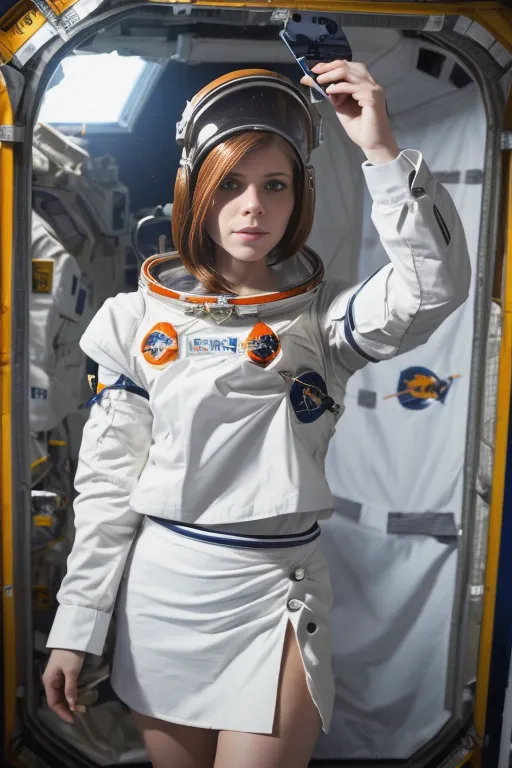 The image shows a young woman in a spacesuit. She has short red hair and her face is partially obscured by the helmet. She is wearing a white spacesuit with a blue and orange patch on the arm. The spacesuit has a skirt and a white belt. She is standing in front of a door with her left hand holding the helmet and the other hand holding a phone.