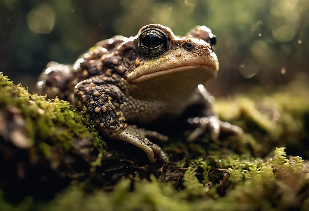 The image is a close-up of a toad sitting on a bed of moss. The toad is brown and warty, with large, black eyes. It is looking at the camera with a slightly raised head. The moss is green and lush, with a few brown leaves scattered around. The background is a blur of green and brown, with a few spots of light shining through.