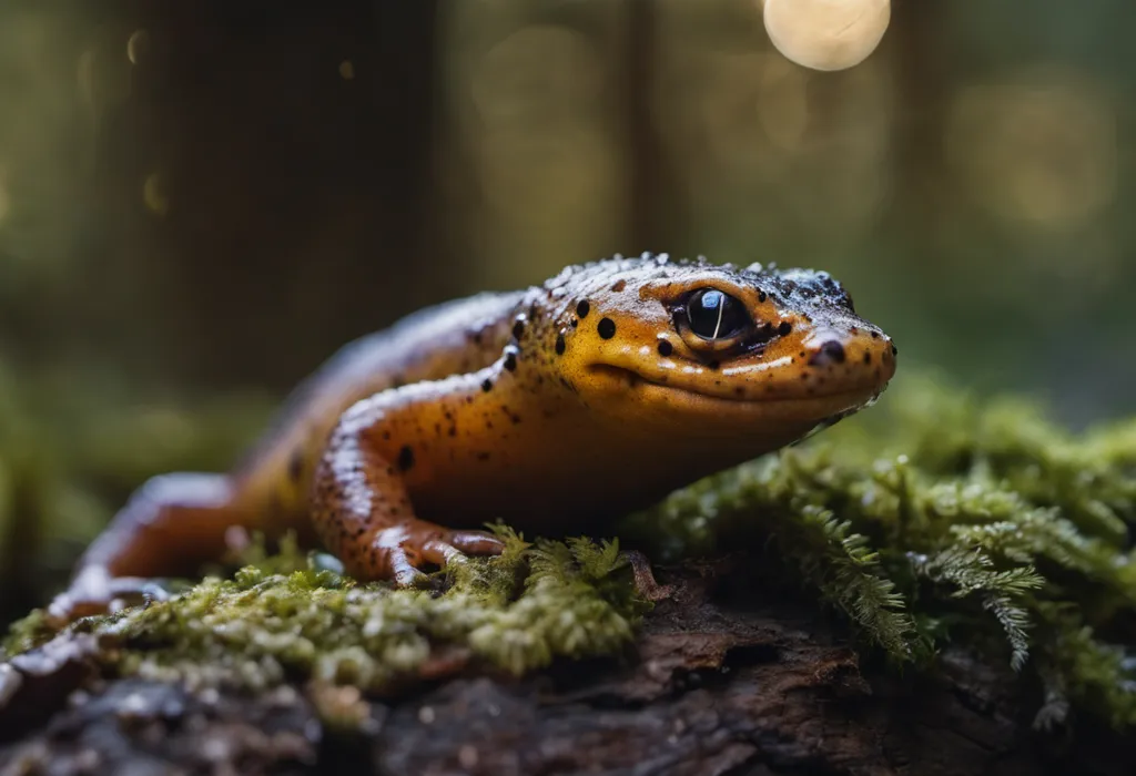 The image shows a small, orange salamander with black spots sitting on a mossy log. The salamander is facing the camera and has its eyes closed. The background is blurry and consists of more moss and leaves. The image is taken from a low angle, which makes the salamander look bigger and more imposing.