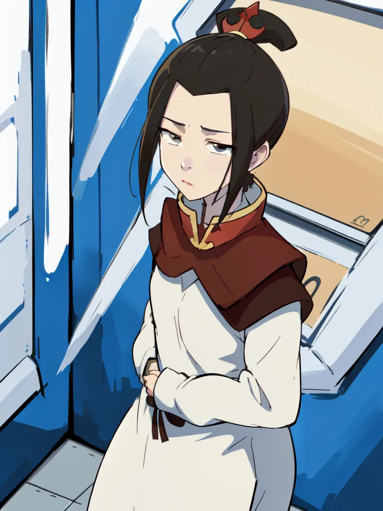 The image is of Azula from Avatar the Last Airbender. She is standing in front of a blue background, wearing a white and red outfit. She has her hair in a bun and is looking down with an irritated expression on her face.