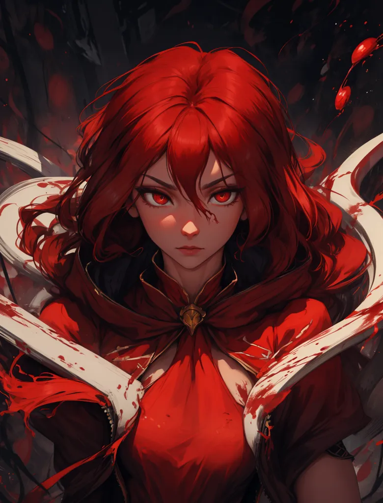 This is an image of a woman with long red hair and red eyes. She is wearing a red dress with a white collar. She is also wearing a red cape with a white trim. The background is dark with some white and red splashes.