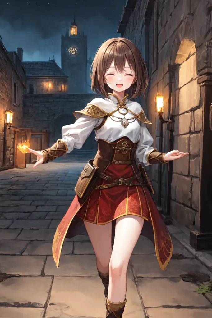 This is an image of an anime girl with brown hair and brown eyes. She is wearing a white shirt, a red vest, and a brown skirt. She is also wearing a brown belt and a necklace. She is standing in a medieval street and there are buildings on either side of her. There is a clock tower in the background. The girl is smiling and has her arms outstretched.