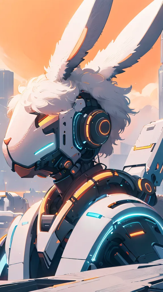 The image is a digital painting of a humanoid robot with rabbit ears. The robot is standing on a rooftop in a city. The robot is wearing a white and gray suit of armor. The robot's left arm is holding a gun. The background of the image is a cityscape with tall buildings and a setting sun.