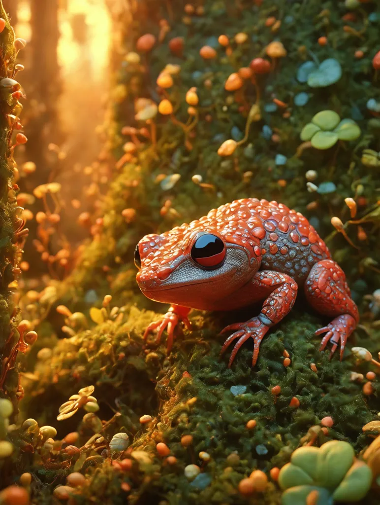 This is a photo of a red frog sitting on a bed of moss. The frog is facing the camera and has its eyes closed. The moss is green and has some yellow and white flowers growing in it. The background is a blur of green leaves and the sun can be seen shining through the trees.