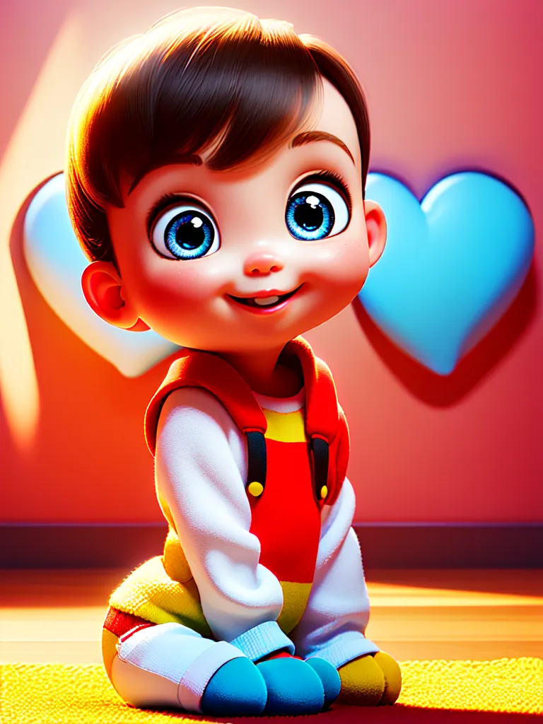 The image shows a 3D rendering of a baby. The baby is sitting with a big smile on its face. It has brown hair and blue eyes. It is wearing a red and white outfit. There are two blue hearts on the wall behind it. The background is pink.