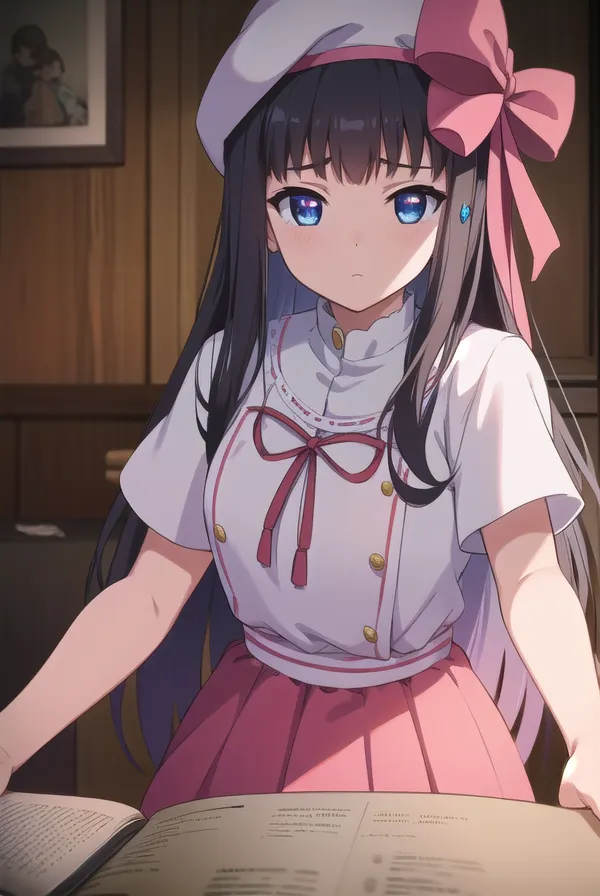 The image is of a young girl with long black hair and blue eyes. She is wearing a white chef's hat with a pink ribbon, a white blouse with a pink bow, and a pink skirt. She is standing in a kitchen, reading a recipe book. The background is blurred, but it looks like there is a wooden cabinet behind her. The girl is looking at the recipe book with a focused expression. She is probably trying to learn how to cook something new. The image is very cute and peaceful. It makes me want to learn how to cook too.