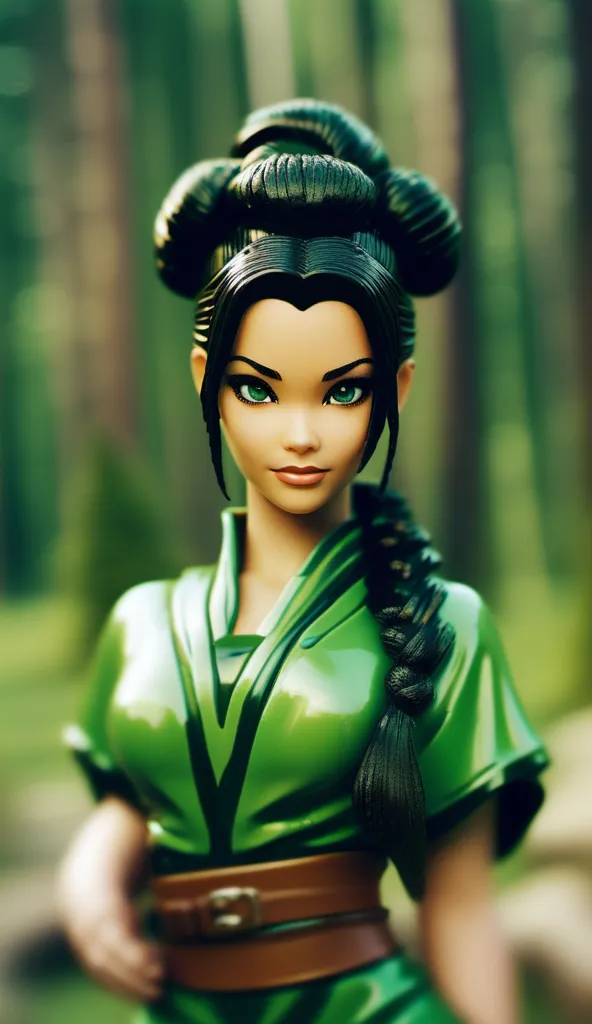 This is a 3D rendering of a young woman, who appears to be a character from the Nickelodeon cartoon *Avatar: The Last Airbender*. She has dark hair tied up in a traditional Chinese hairstyle, green eyes, and is wearing a green outfit with a brown belt. She is standing in a forest, with trees in the background.