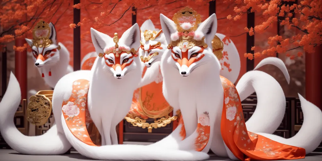 The image shows three white nine-tailed foxes sitting in front of a red and gold screen with autumn trees in the background. The foxes are all wearing elaborate headdresses and robes with floral patterns. They have golden tails and red, blue, and green eyes. The middle fox is sitting on a golden throne while the fox on the left is holding a staff with a red orb on top. The fox on the right is holding a peach in its mouth.