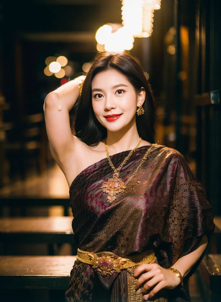 The image shows a young woman wearing a traditional Thai dress. The dress is a one-shoulder, floor-length gown with a fitted bodice and a flared skirt. The fabric is a deep purple with gold accents. The woman is also wearing a traditional Thai necklace and earrings. Her hair is long and black and she is wearing makeup. She is standing in front of a dark background with a blurry light in the top right corner.