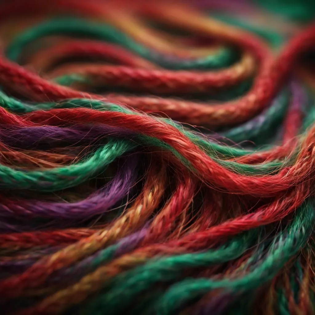 The image shows a bunch of multicolored yarn. The colors are red, green, purple, and yellow. The yarn is twisted and looks soft.