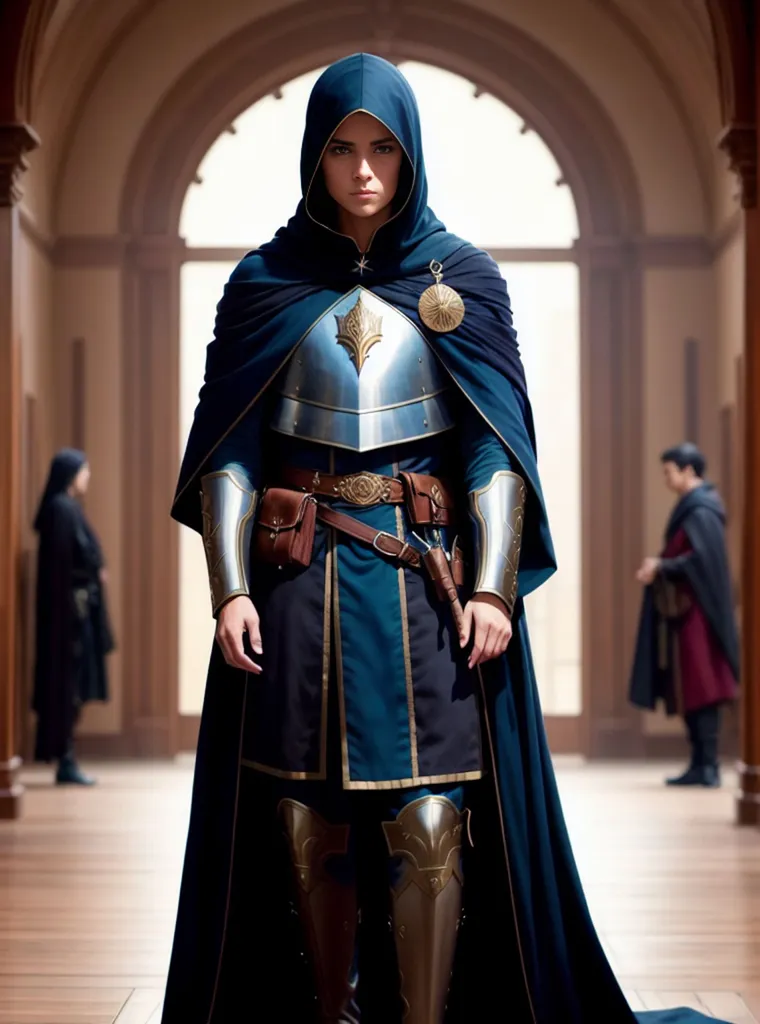 A young woman stands in a grand hall, her face obscured by a hood. She is wearing a suit of armor and a blue cloak, and she is carrying a sword. The hall is decorated with tapestries and paintings, and there are two figures in the background, one of whom is wearing a red robe. The woman in the armor is standing in a confident pose, and she seems to be ready for battle.