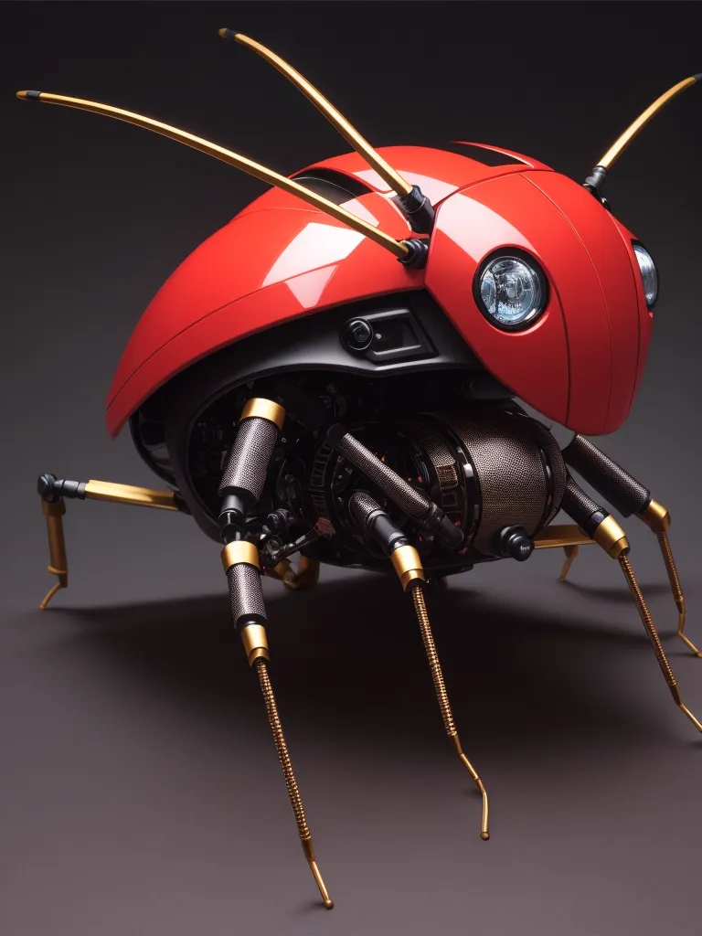 The image shows a red and black robotic ladybug. The ladybug has a shiny, metallic body with gold antennae and legs. Its eyes are made of glass and its wings are made of metal. The ladybug is standing on a gray surface and is looking at the viewer. The ladybug is very detailed and looks very realistic.