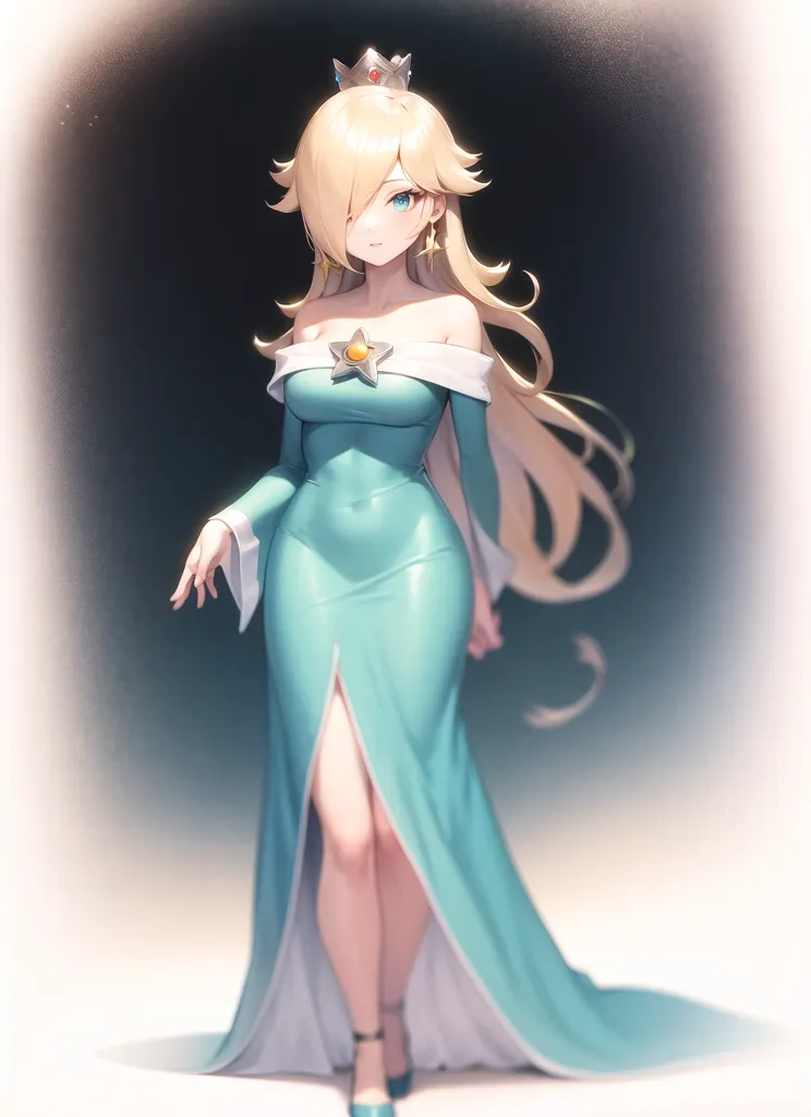 The image is of a woman with long, flowing blonde hair. She is wearing a blue dress with a high slit, and a crown on her head. She is standing in a dark room, with a spotlight shining down on her. She is looking at the viewer with a confident expression.