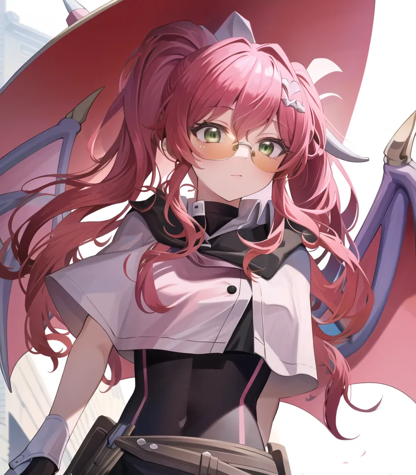 The image is of an anime-style girl with pink hair and green eyes. She is wearing a white and pink outfit with a red cape. She has a pair of glasses on and is carrying a large sword. She is standing in a city with a large building in the background.