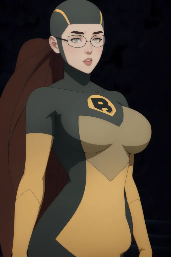 This is an image of a superhero. She is wearing a yellow and green suit with a large \