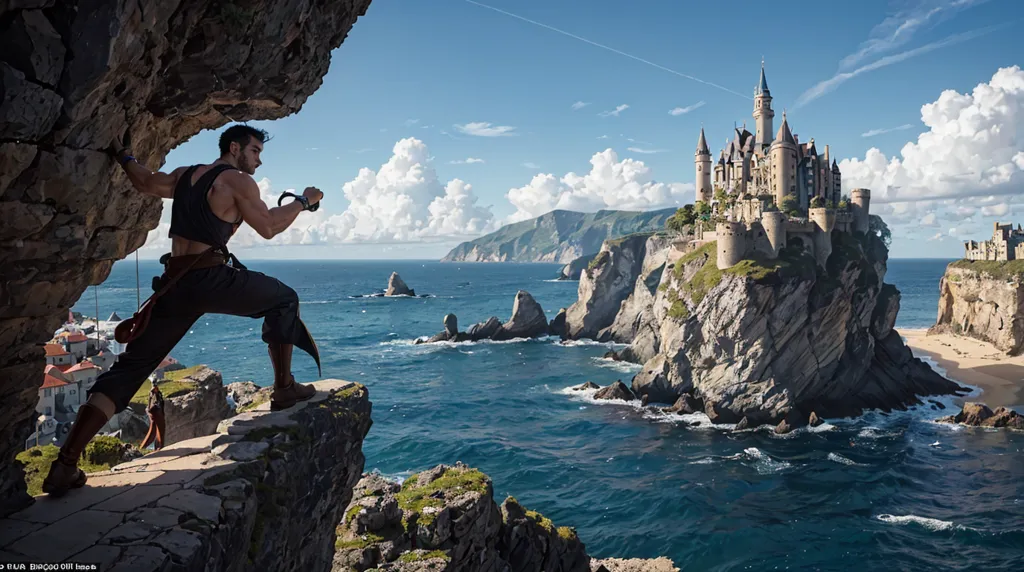 The image is of a man climbing a cliff. He is wearing a black shirt and pants and has a sword in his hand. The cliff is very high and the man is using his hands and feet to climb up. The background of the image is a large castle on top of a cliff. The castle is made of gray stone and has many towers and turrets. The castle is surrounded by the ocean and there are large waves crashing against the cliffs. The sky is blue and there are some clouds in the distance.