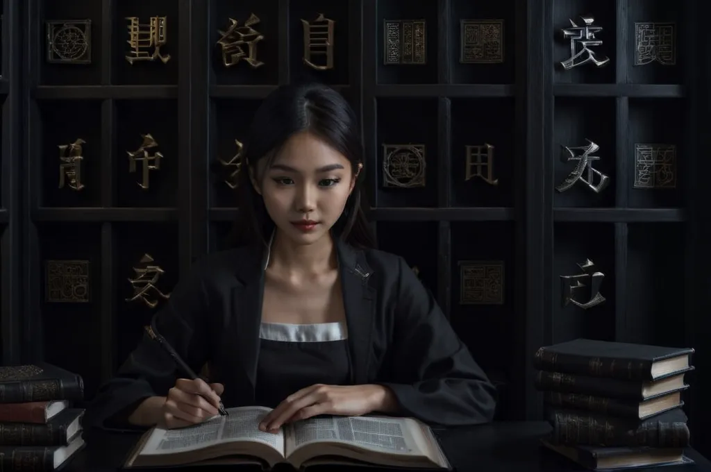 The photo shows a young woman sitting at a desk, reading a book. She is wearing a black suit jacket and a white blouse. She has long black hair and is looking at the camera with a serious expression. There are books and Chinese characters  on the shelves behind her.