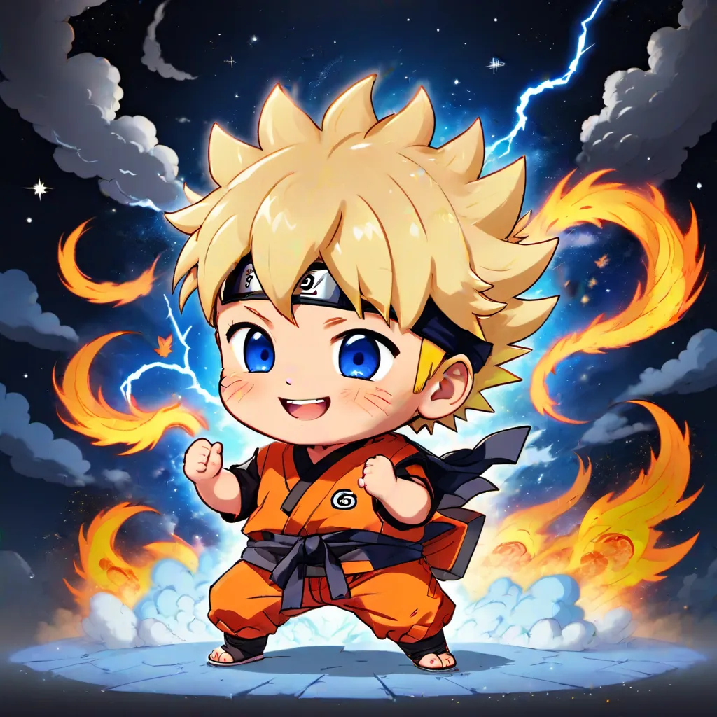 The image is of Naruto Uzumaki, a character from the anime series Naruto. He is shown in a chibi style, which is a type of Japanese cartooning that makes characters look cute and childlike. Naruto is wearing his signature orange jumpsuit and has his hair styled in a spiky way. He is standing in a fighting stance, with his fists raised and his eyes narrowed. The background is a dark blue color, with clouds and lightning bolts in the distance.