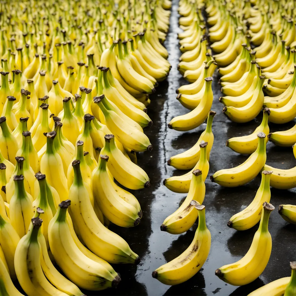 There are a lot of bananas on the ground. They are placed in rows. The bananas are yellow and some of them are green. The ground is wet and it looks like it has been raining.