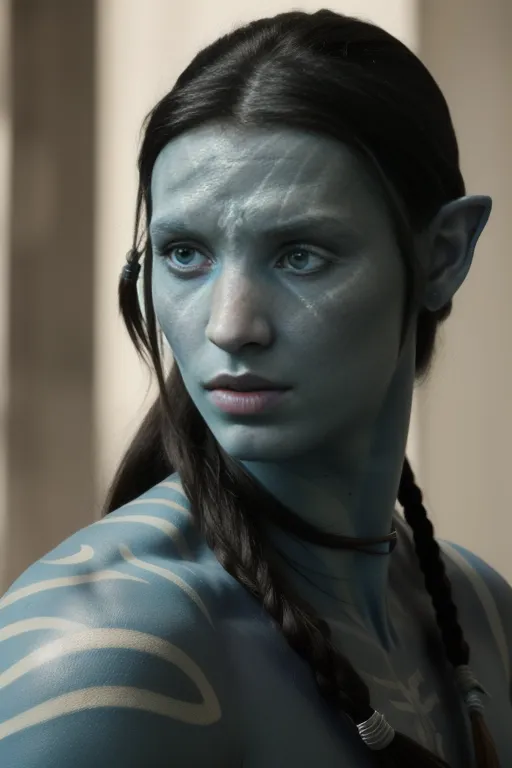 The image shows a Na'vi woman, a fictional humanoid species from the movie Avatar. She has blue skin, dark hair, and pointed ears. She is wearing a necklace and a loincloth. Her face is painted with white stripes. She looks sad and is staring off into the distance.