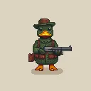 This image shows a duck wearing a brown hat and a green military uniform. The duck is also carrying a shotgun. The duck is standing on two legs and has a determined expression on its face. The background is a light brown color.