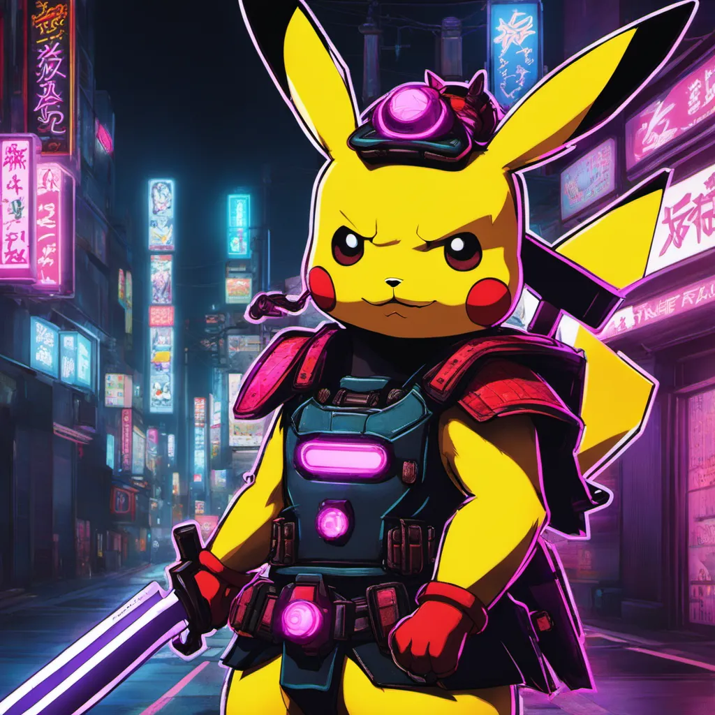 The image shows a Pikachu, which is a character from the Pokémon franchise. It is standing in a city at night. The city is full of neon lights and skyscrapers. Pikachu is wearing a samurai outfit and is holding a sword. It looks like it is ready to fight